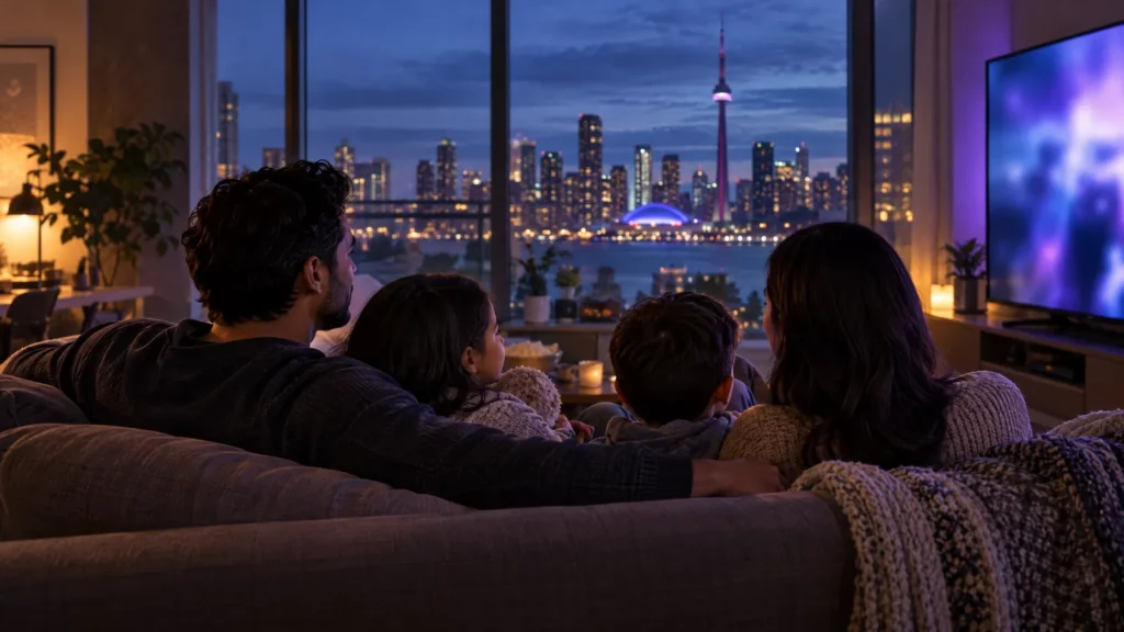 Canadian family watching TV on a sofa with the Toronto skyline in the window
