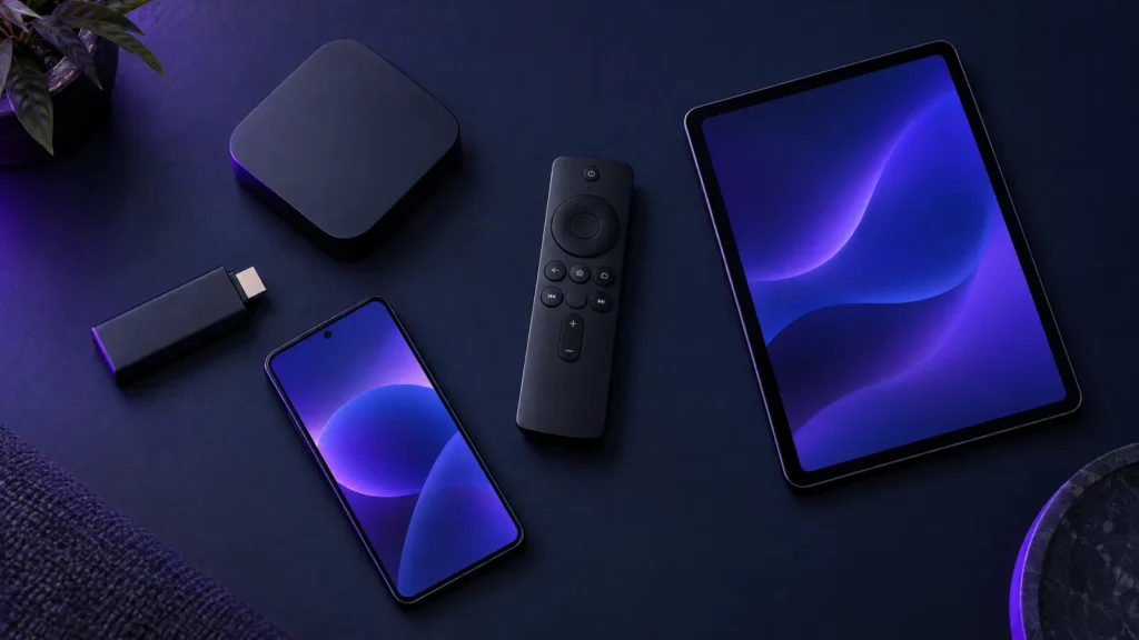 Streaming devices including a stick, Android TV box, tablet and phone around a TV remote