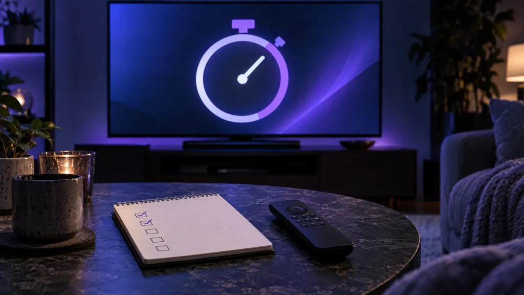 TV with a clock graphic and a checklist notepad next to a remote for an IPTV free trial