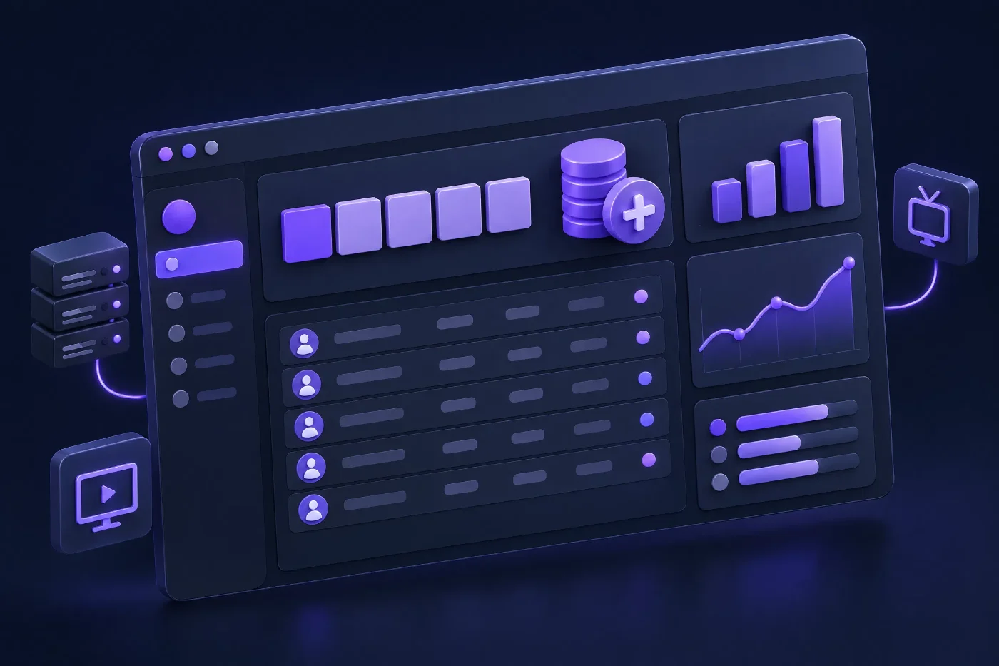 Illustration of the IPTV Nova reseller panel with customers, credits and charts