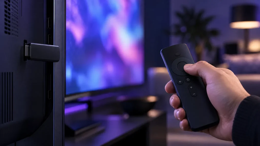 Fire TV streaming stick plugged into a TV with a remote for IPTV Smarters Pro setup