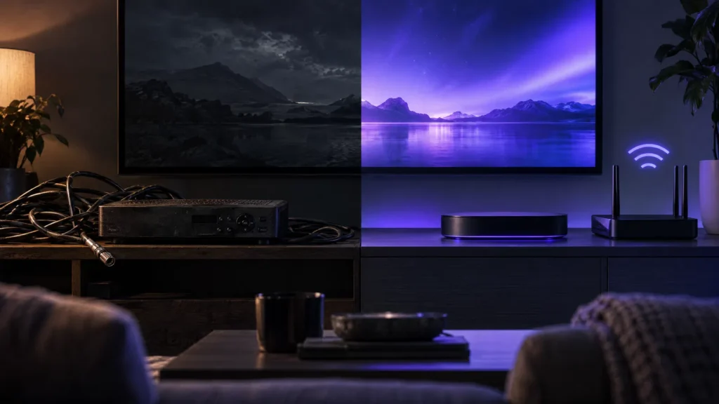 Split scene comparing a tangled cable box with a sleek streaming setup for IPTV vs cable