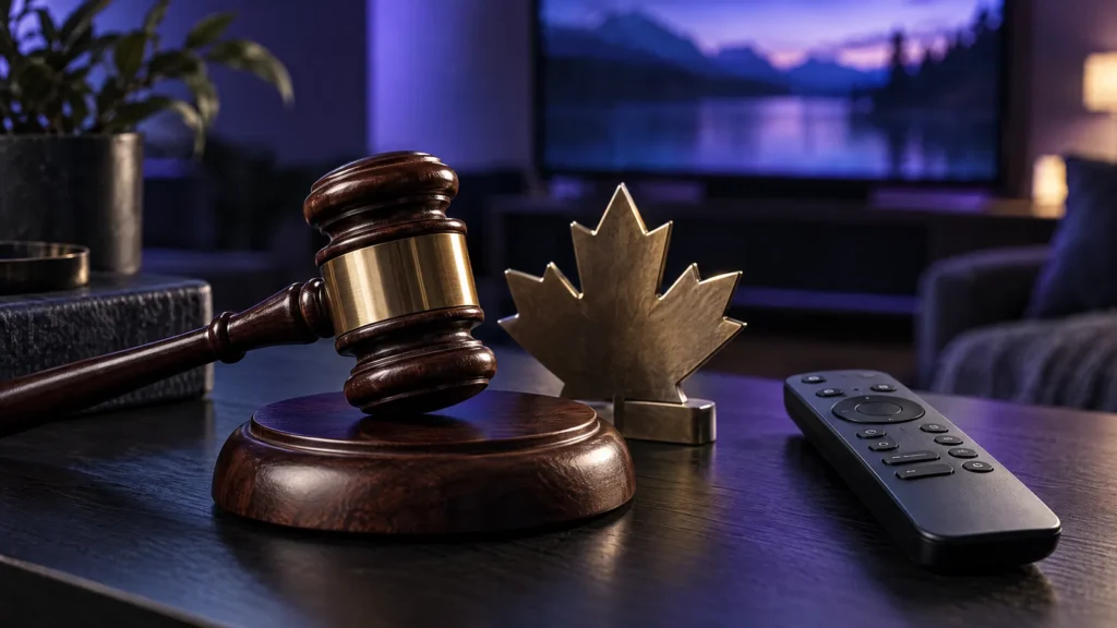 Gavel and maple leaf beside a TV remote representing IPTV legality in Canada