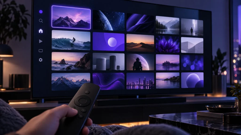 TV showing an abstract channel grid app interface with purple highlights and a remote in front