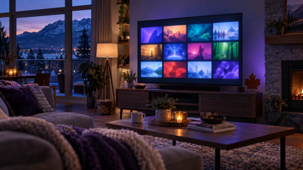 What is IPTV: a Canadian living room with a smart TV showing streaming tiles